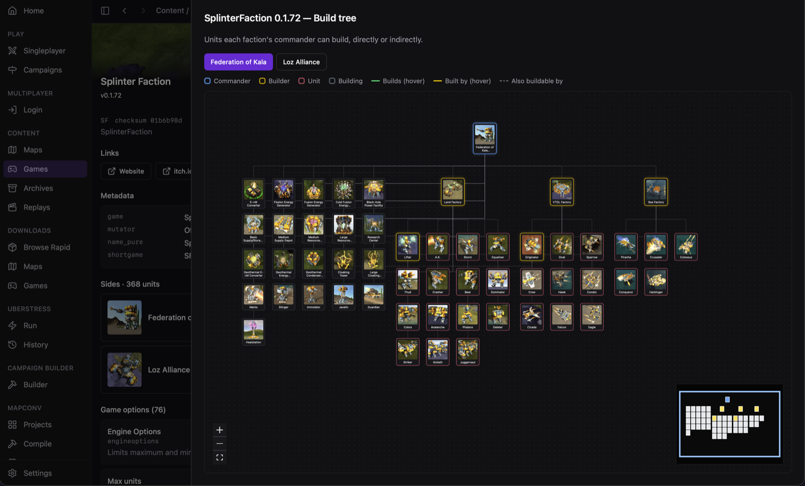 A branded game detail view with a unit build tree, enlarged