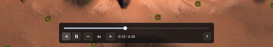 The timeline in the engine, playing backward at 4x. From the left it has play the other way, pause, slower, the speed, faster, the time and the match length, and a question mark.