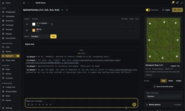 A multiplayer battle room on a SPADS host, with battle chat and a map preview