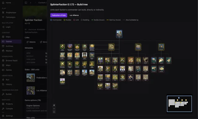 A branded game detail view with a unit build tree