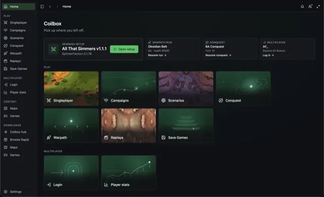 The Coilbox home screen, with a resume rail and illustrated tool cards
