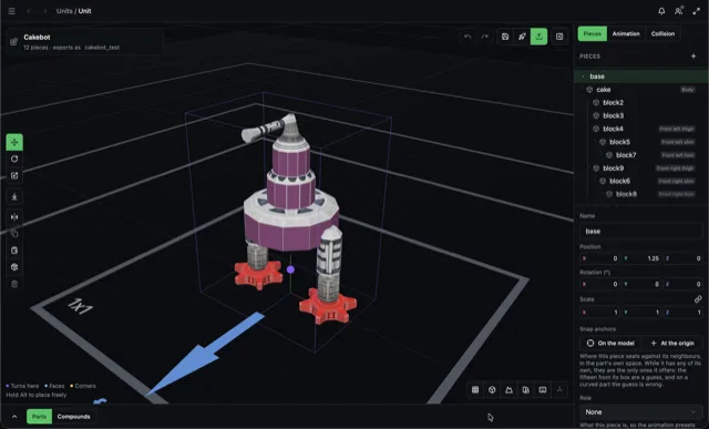 The unit builder, with a part assembled in a 3D viewport beside its piece tree