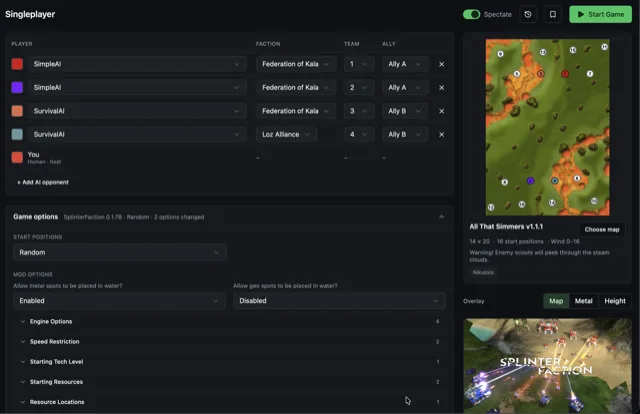 The Coilbox singleplayer setup screen, with AI opponents, mod options and a map preview