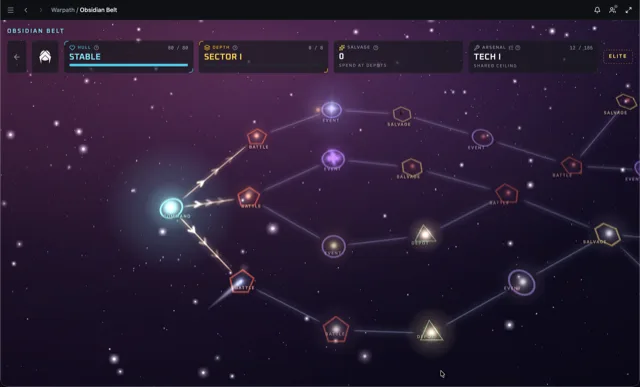 A warpath run map, showing battle, event, salvage and depot nodes branching from a command node
