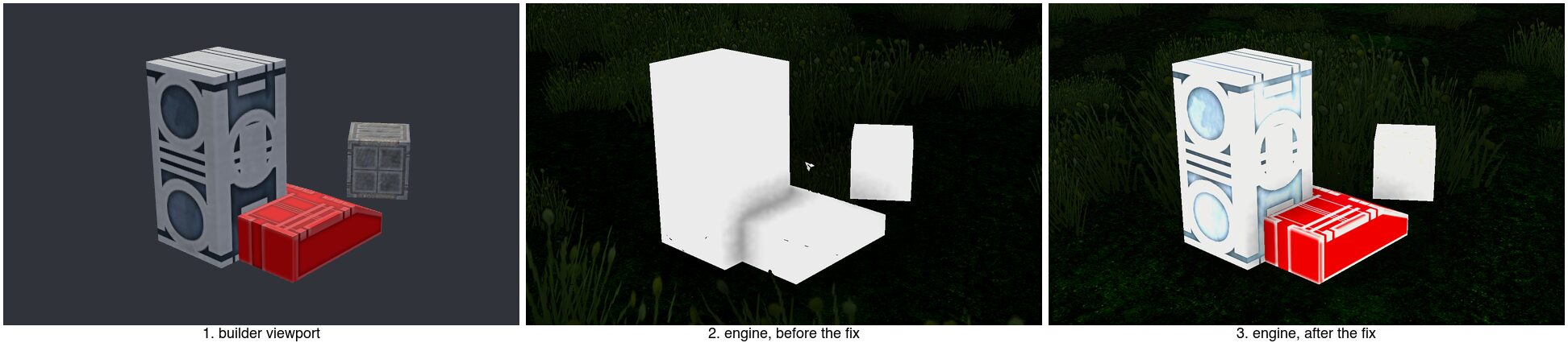 The probe unit from behind and to its right. 1: the builder viewport. 2: the engine before the fixes, plain white. 3: the engine after them, matching 1.